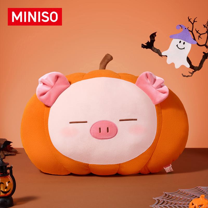 MINISO Halloween Pumpkin Pig Big Head Plush Pillow, Super Soft Stuffed Doll, Adorable Decor Cushion, Perfect Holiday Surprise Gift for Kawaii Lovers
