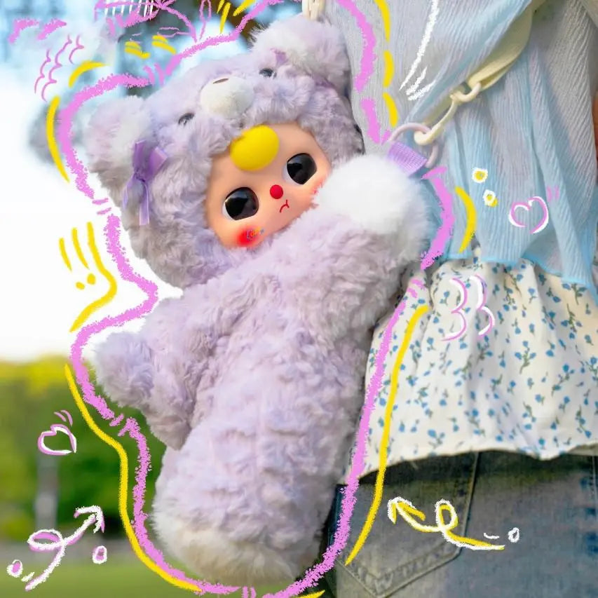 Baby Three Hug Baby Backpack, Purple Bear Plush Doll Crossbody Bag