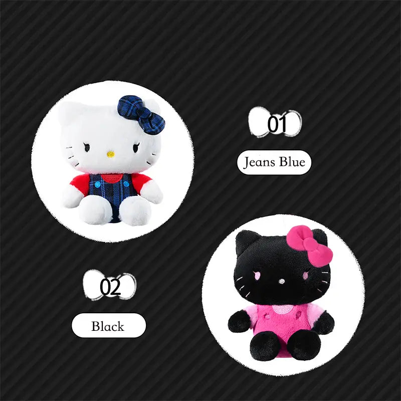 MINISO Denim Blue & Black Kitty Plush Doll Keychain | Qootoy