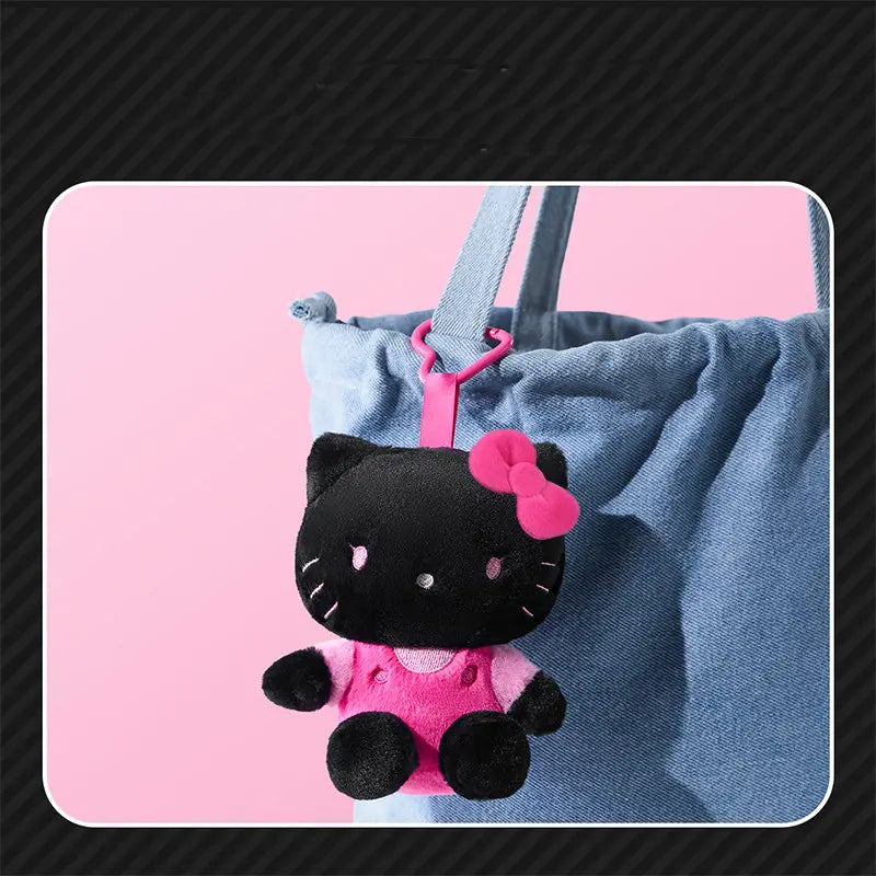 MINISO Denim Blue & Black Kitty Plush Doll Keychain | Qootoy